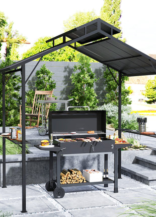 8 x 5ft Hardtop Grill Gazebo with Double Metal Roof, 2 Side Shelves and 10 Hooks for Patio Backyard Lawn Deck