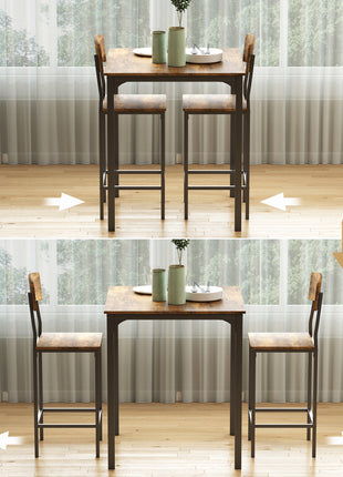 3 Piece Pub Table and Chairs, Small Kitchen Table and Chairs, Square Dining Table with 2 Stools, Rustic Brown and Black