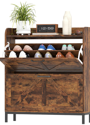 Shoe Cabinet Organizer with 2 Flip Drawers, Legs, Narrow Shoe Storage Cabinet for Entryway, Hallway, Rustic Brown