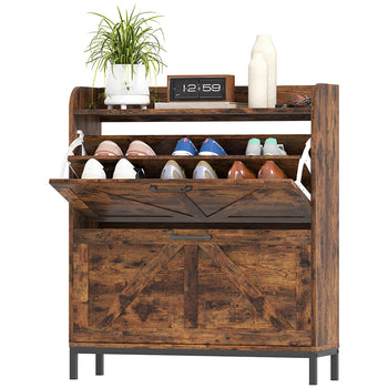 Shoe Cabinet Organizer with 2 Flip Drawers, Legs, Narrow Shoe Storage Cabinet for Entryway, Hallway, Rustic Brown