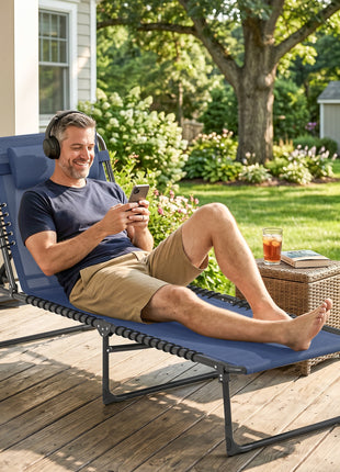 Folding Chaise Lounge Pool Chair with 4-Position Reclining Back, Pillow, Breathable Mesh & Bungee Seat, Dark Blue