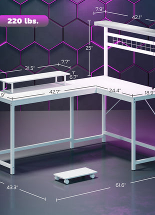 61.6" L Shaped Gaming Desk with Power Outlets & LED Lights, Computer Desk with Monitor Stand and CPU Shelf, White