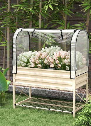 Raised Garden Bed with Legs and Cover, Metal Elevated Planter Box with Bottom Shelf and Liner for Vegetables, Cream