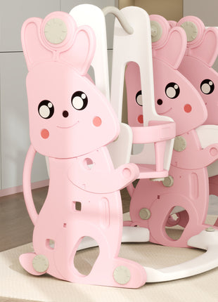 4 in 1 Toddler Slide and Swing Set with Climber, Basketball Hoop, Rabbit Themed Kids Playset for Ages 1.5-4, Pink