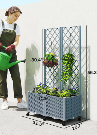 Planter Box with Trellis, Self Watering Raised Garden Bed with Lockable Wheels and Drainage Holes, Gray