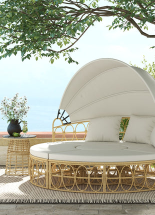 Patio Furniture Set, Round Outdoor Daybed with Retractable Canopy, Hollow Wicker PE Rattan Sectional Sofa with Washable Couch Cushions for Pool, Lawn, Cream White, 70" x 33.5" x 26.25"