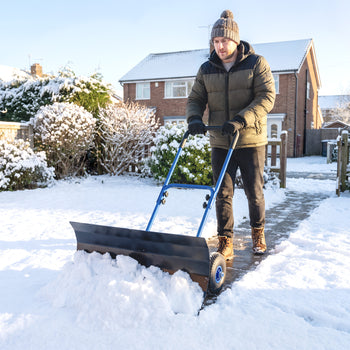 Snow Shovel with Wheels, 29" x 16.5" Metal Snow Pusher with Adjustable Handle, 5-Angle Blade for Driveway, Blue