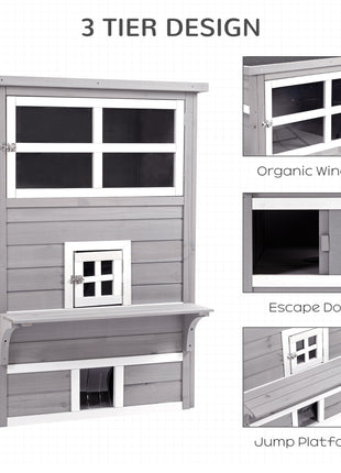 Outdoor Cat House, 3-Tier Kitty Shelter with 5 Escape Doors, Weather Resistant, Gray & White