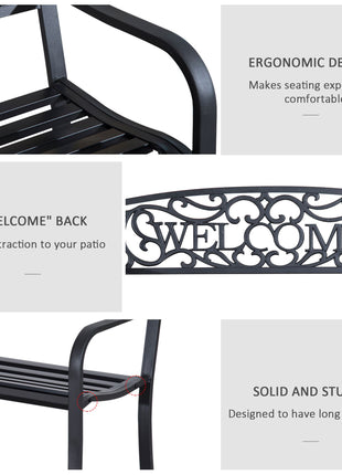 50" 2-Person Garden Bench Loveseat with Cast Iron Decorative Welcome Vines, Outdoor Patio Bench for Backyard, Porch, Entryway