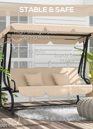 Free Standing Swing Bench, Porch Swing with Stand, Adjustable Canopy, Cushion and Pillows, Ecru