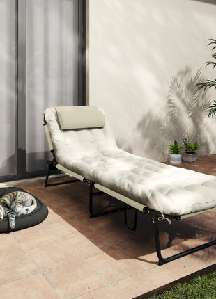 Folding Chaise Lounge Pool Chair with 4-level Reclining Back, Cushion, Side Pocket, Headrest, Beige