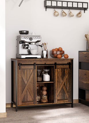 Industrial Sideboard Buffet Cabinet, Coffee Bar Cabinet, Kitchen Cabinet with Sliding Barn Doors, Storage Cabinets and Adjustable Shelves for Living Room, Home Bar, Rustic Brown