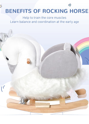 Kids Ride on Horse Swan Rocker with Sound, Plush Seat, Wooden Base, Safety Belt for Toddlers 18-36 Months, White