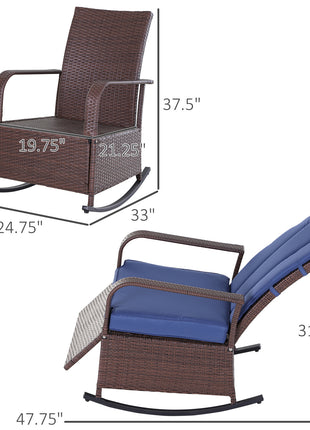 Outdoor Rattan Wicker Rocking Chair Patio Recliner with Soft Cushion, Adjustable Footrest, Max. 135 Degree Backrest, Blue
