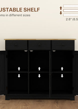Kitchen Storage Cabinet, Sideboard Floor Cupboard with Solid Wood Top, Adjustable Shelf, and 3 Drawers, Black Wood Grain