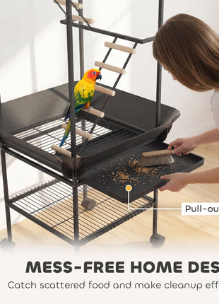64"H Rolling Bird Playground Parrot Stand with Seed Guard & Wheels, Ladders, Swing, Toy Hook & Bowls