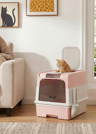 Cat Litter Box Hooded Cat Litter Tray with Drawer Pan Front Entry & Top Exit Easy Cleaning Pink