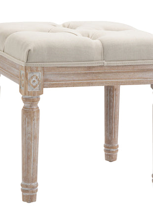 Ottoman Bench Vintage Footrest w/ Button Tufted Seat, Carved Wooden Legs, Beige