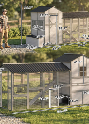 147" Extra Large Chicken Coop, Wooden Hen House for 8-10 Hens, Outdoor Chicken House Poultry Hutch with Run, Gray