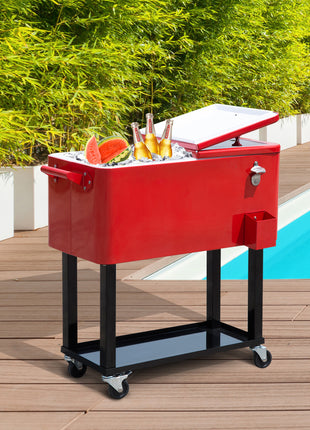 80 QT Rolling Cooling Bins Ice Chest on Wheels Outdoor Stand Up Drink Cooler Cart for Party, Red