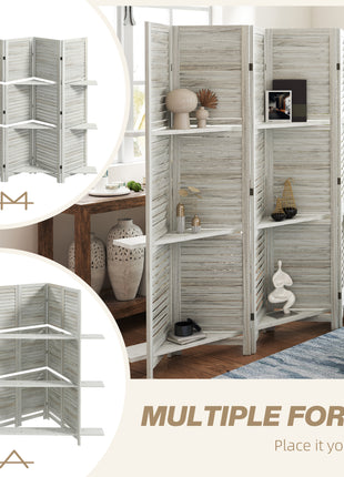 5 Panel 67" Tall Wood Privacy Screen Room Divider with 3 Shelves and Folding Storage for Bedroom, Distressed White