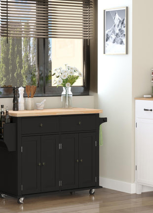44" Mobile Kitchen Island Table, Kitchen Island Cart on Wheels with Storage Cabinets, 2 Drawers, Black