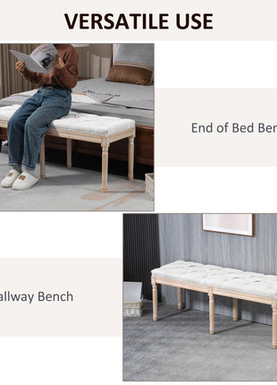 46" Linen Upholstered Bedroom Bench, French End of Bed Bench with Thick Padded Cushion and Wooden Legs, Cream White