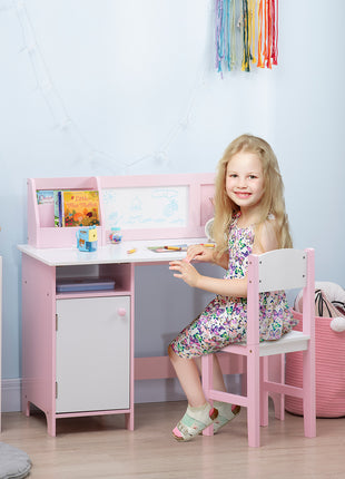 Toddler Table and Chair Set, Kids Writing Desk Homework Table with Whiteboard, Storage Cabinet, Pink