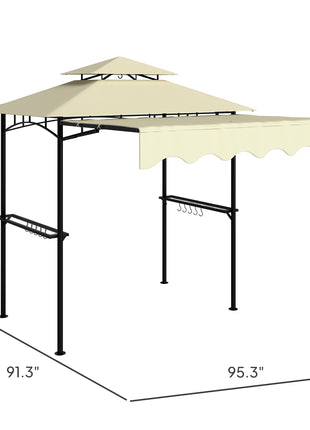 8' x 7.6' Outdoor Grill Gazebo, Barbecue Gazebo Shelter with Side Awning, 2 Side Shelves and 6 Hooks, Beige