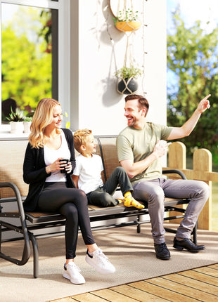 3-Person Outdoor Patio Glider Bench, Porch Glider Swing with 3 Seats, Breathable Mesh Fabric, Metal Frame, Brown