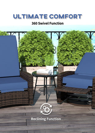 Outdoor Wicker Swivel Recliner Chair, Lifting Footrest, 360° Rotating Basic, Water-resistant Cushions, Dark Blue