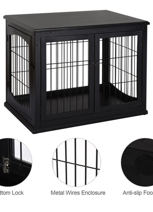 Dog Crate Furniture, 32" Small Dog Cage End Table with 2 Doors, Lockable Door, Puppy Kennel Indoor, Black