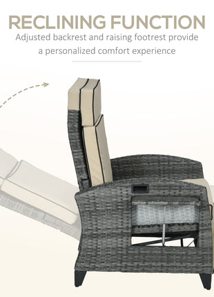 Outdoor Recliner Chair with Cushions, Reclining Patio Lounge Chair with Adjustable Footrest, Armrests, Tray Table, Khaki