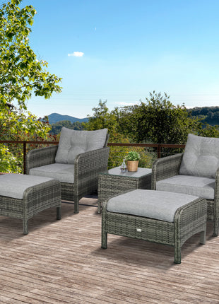 5 Pieces Rattan Wicker Lounge Chair Outdoor Patio Conversation Set with 2 Cushioned Chairs, 2 Ottomans and Tempered Glass Top Coffee Table, Gray/Light Gray