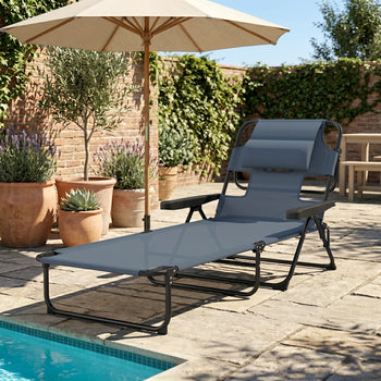 Folding Lounge Chair w/ Reclining Back, Gray
