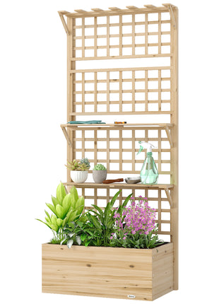 Wooden Raised Garden Bed with Trellis and Roof, Elevated Planter Box with 2 Shelves, Drainage Hole and Liner, Natural