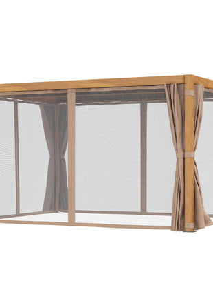 10' x 13' Outdoor Retractable Pergola w/ Sun Shade Louvered Top, Pergola w/ Canopy, Curtains, Netting, Natural Wood