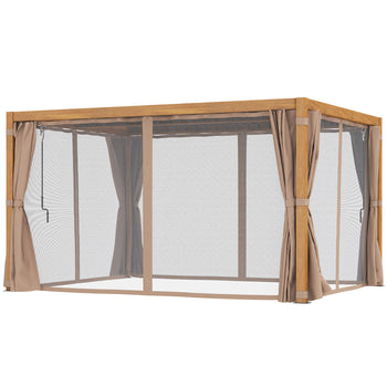 10' x 13' Outdoor Retractable Pergola w/ Sun Shade Louvered Top, Pergola w/ Canopy, Curtains, Netting, Natural Wood