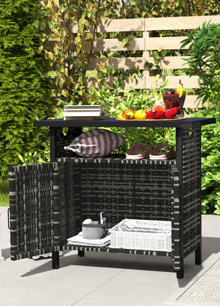 Outdoor Pool Towel Storage Cabinet Organizer, Outdoor Bar Table with Shelf and Cabinet, Pool Towel Holder Pool Valet with Weather-Resistant PE Rattan and Steel Frame, Mixed-Gray