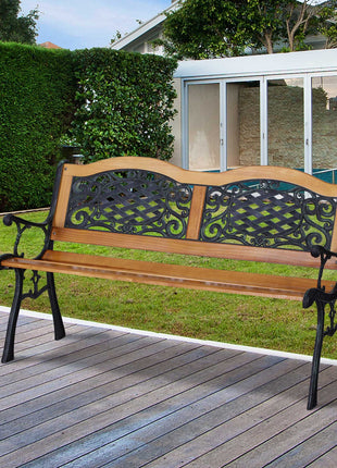 50" Outdoor Garden Bench, Park Patio Bench Loveseat, Wood & Metal Frame with Plastic Flourish Backrest, Natural Wood