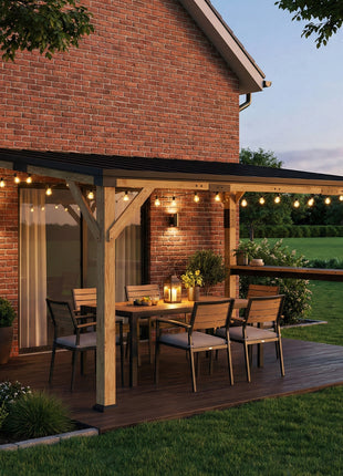 10' x 14' Wooden Gazebo, Hardtop Lean-to Gazebo Pergola with Galvanized Steel Sloped Roof, Bar Shelf, Natural Wood