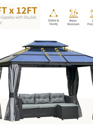 10' x 12' Hardtop Gazebo Canopy with Polycarbonate Roof, Aluminum Frame, Permanent Pavilion Outdoor Gazebo with Netting, for Patio, Garden, Backyard, Deck, Lawn, Light Gray