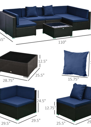 7 Piece Patio Furniture Set, Wicker Outdoor Sectional Sofa Set, All Weather PE Rattan Outdoor Furniture Conversation Sets with Cushions, Glass Top Coffee Table, Pillows, Dark Blue