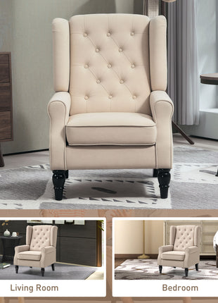 Wingback Accent Chair for Living Room, Button-Tufted Lounge Chair with Round Armrests and Wood Legs, Beige