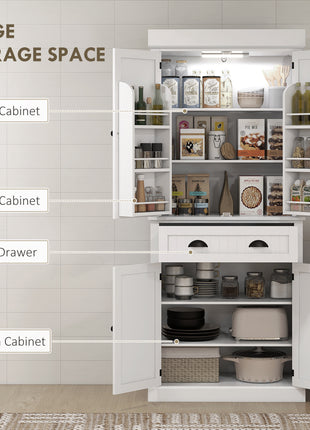 71" Kitchen Pantry Cabinet with LED Lights, 6 Door Shelves, a Drawer and 4 Adjustable Shelves, White