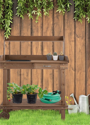 36'' Wooden Potting Bench Work Table with 2 Removable Wheels, Sink, Drawer & Large Storage Spaces, Brown