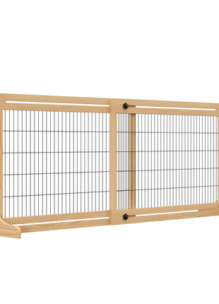 71" W x 27" H Extra Wide Freestanding Pet Gate with Adjustable Length Dog, Cat, Barrier for House, Doorway, Hallway, Natural