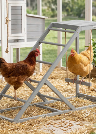 Chicken Activity Play for Healthy & Happy Animals, Swing Set with Chicken Perches & Hen Ladder, Chicken Coop Toy, Gray