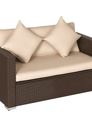Outdoor Wicker Loveseat, Patio Furniture Couch with Cushions, 2 Seats PE Rattan Sofa, 2 Throw Pillows, Beige