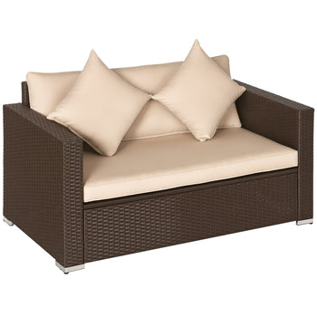 Outdoor Wicker Loveseat, Patio Furniture Couch with Cushions, 2 Seats PE Rattan Sofa, 2 Throw Pillows, Beige